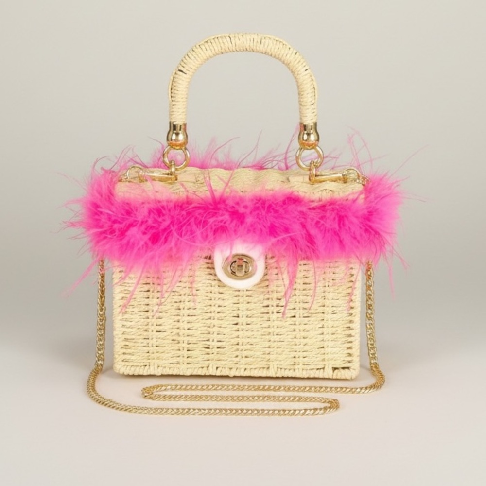 Chic Pink Feather-Trimmed Woven Bag-NWT